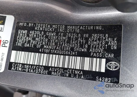 2016 Toyota Camry Le из США, поврежденный, VIN 4T1BF1FKXGU564341